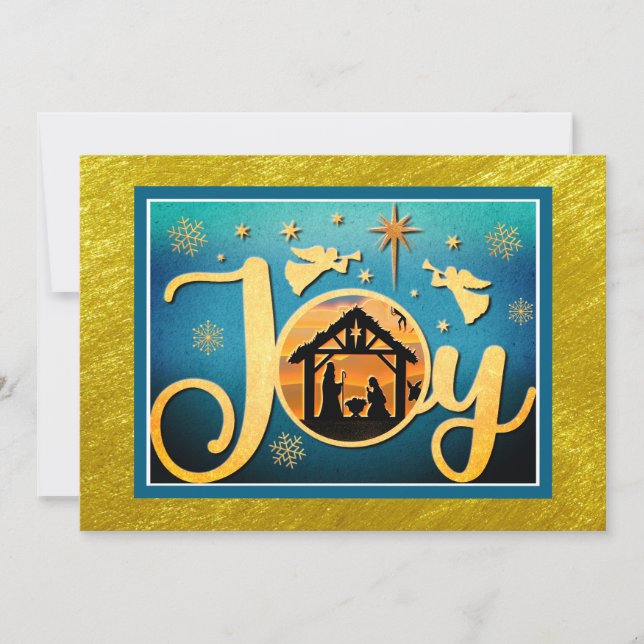 Tarjeta Festiva Modern Gold "JOY" Nativity Silhouette Christmas (Anverso)