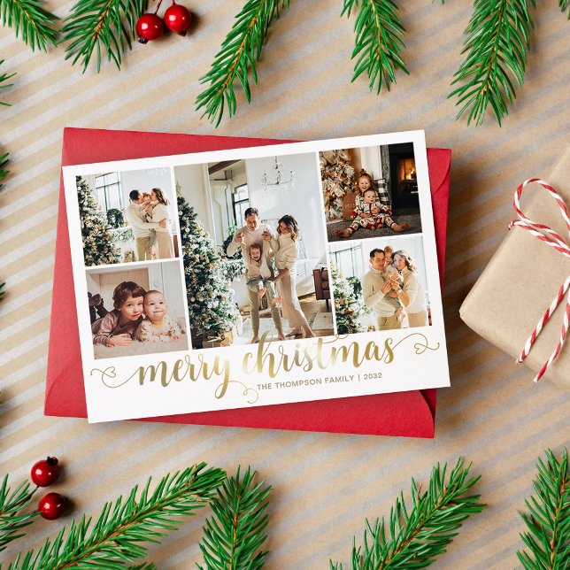 Tarjeta Festiva Modern Gold Merry Christmas Heart Script 5 Photo (Subido por el creador)