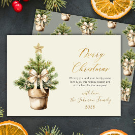 Tarjeta Festiva Modern Gold Script Bow Watercolor Christmas Tree
