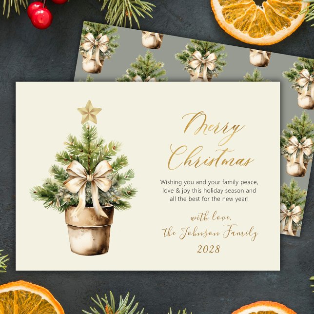 Tarjeta Festiva Modern Gold Script Bow Watercolor Christmas Tree  (Subido por el creador)