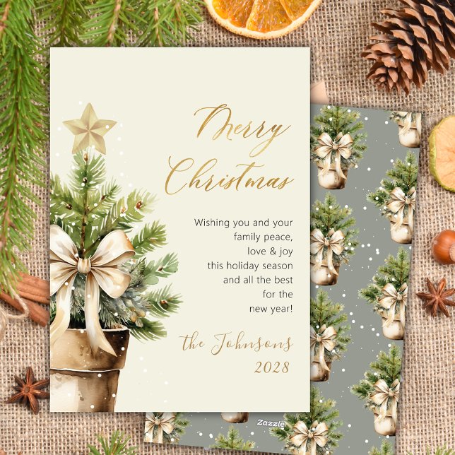 Tarjeta Festiva Modern Gold Script Bow Watercolor Christmas Tree (Subido por el creador)
