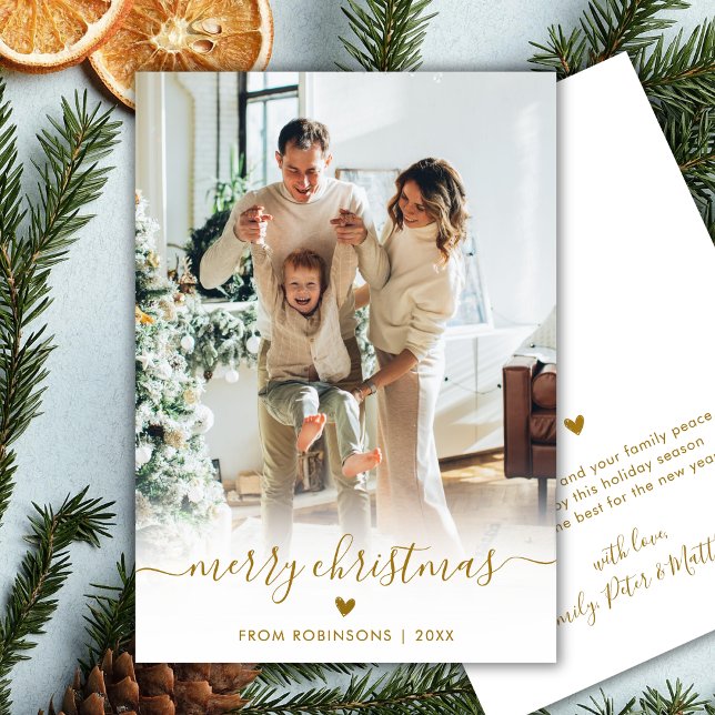Tarjeta Festiva Modern Gold Script One Photo Cute Merry Christmas (Subido por el creador)