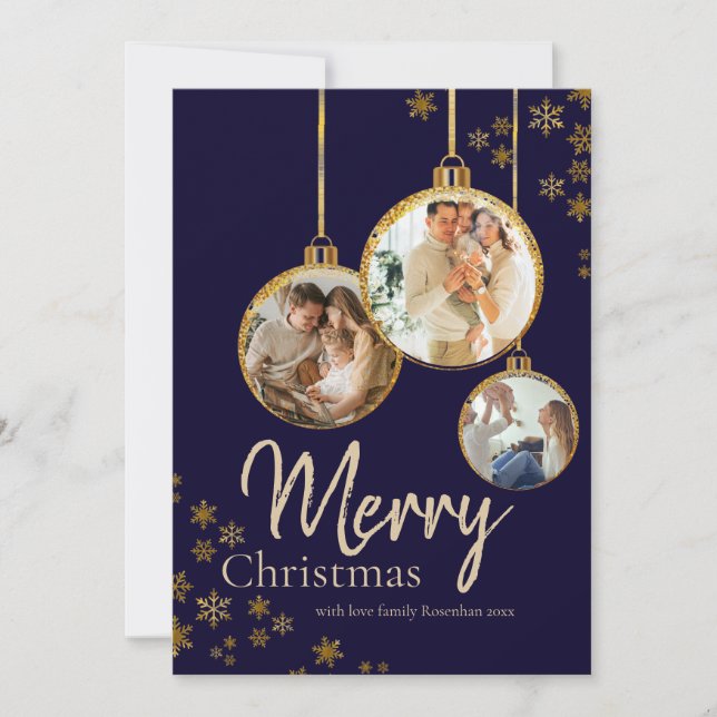 Tarjeta Festiva Modern Gold Snowflakes Photo Merry Christmas (Anverso)
