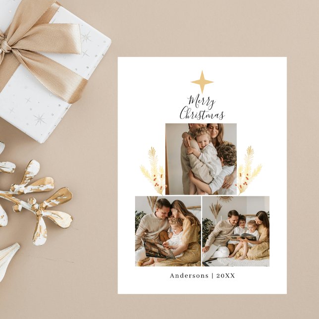 Tarjeta Festiva Modern Gold & White Christmas Tree 3 Photo Collage (Subido por el creador)
