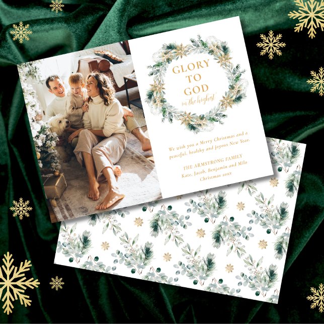 Tarjeta Festiva Modern Gold Winter Greenery Navidades religiosos (Glory to God religious Christmas card with winter greenery and family photo.)