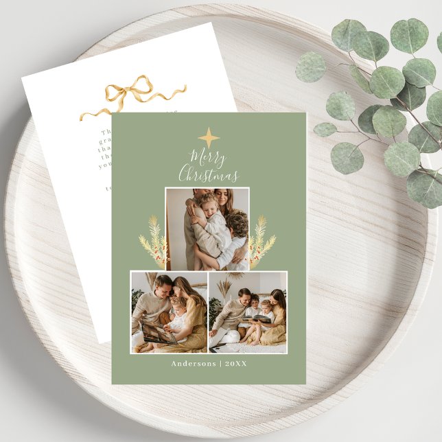 Tarjeta Festiva Modern Green & Gold Christmas Tree 3 Photo Collage (Subido por el creador)