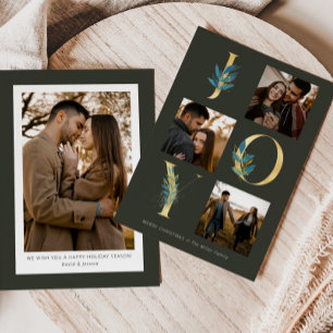 Tarjeta Festiva Modern Green Joy Gold Leaves 4 Fotos