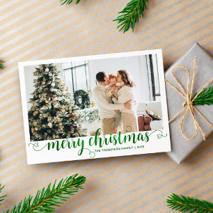 Tarjeta Festiva Modern Green Merry Christmas Script Photo