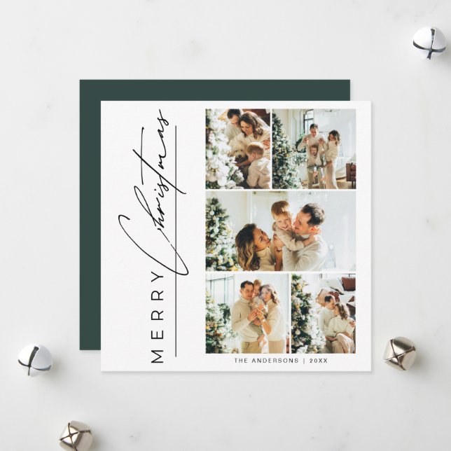 Tarjeta Festiva Modern Green Multi Photo Merry Christmas Script (Anverso/Reverso In Situ)