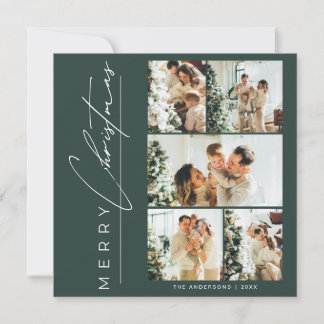 Tarjeta Festiva Modern Green Multi Photo Merry Christmas Script