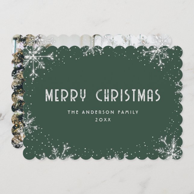 Tarjeta Festiva Modern Green Silver Snowflake Photo Christmas Card (Anverso / Reverso)