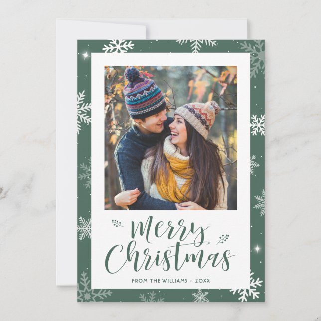 Tarjeta Festiva Modern Green Snowflake Photo Christmas Card (Anverso)