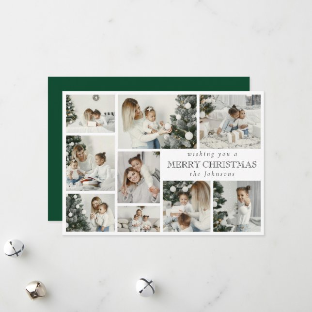 Tarjeta Festiva Modern Green Stylish Multi Photo Grid Holiday Card (Anverso/Reverso In Situ)