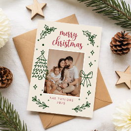 Tarjeta Festiva Modern Hand Drawn Botanical Family Photo Christmas