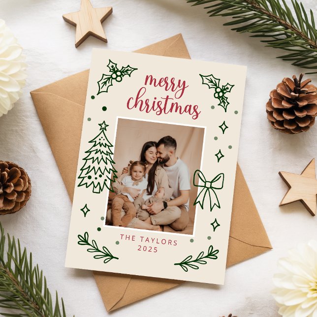 Tarjeta Festiva Modern Hand Drawn Botanical Family Photo Christmas (Subido por el creador)