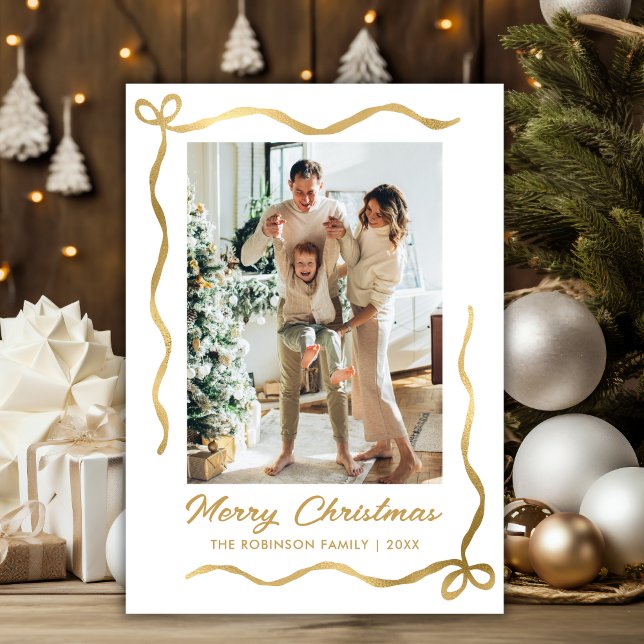 Tarjeta Festiva Modern Hand Drawn Gold Bow 2 Photo Merry Christmas (Subido por el creador)