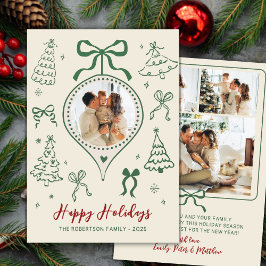 Tarjeta Festiva Modern Hand-Drawn Green Bows Photo Christmas Happy