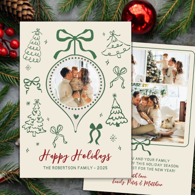 Tarjeta Festiva Modern Hand-Drawn Green Bows Photo Christmas Happy (Subido por el creador)