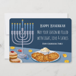Tarjeta Festiva Modern Hanukkah Card: Light, Love & Latkes Menorah