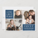 Tarjeta Festiva Modern Hanukkah Photo Collage<br><div class="desc">This simple Hanukkah photo card features modern styled typography and three photo templates!  The back of the card boasts a fun abstract circles pattern.</div>