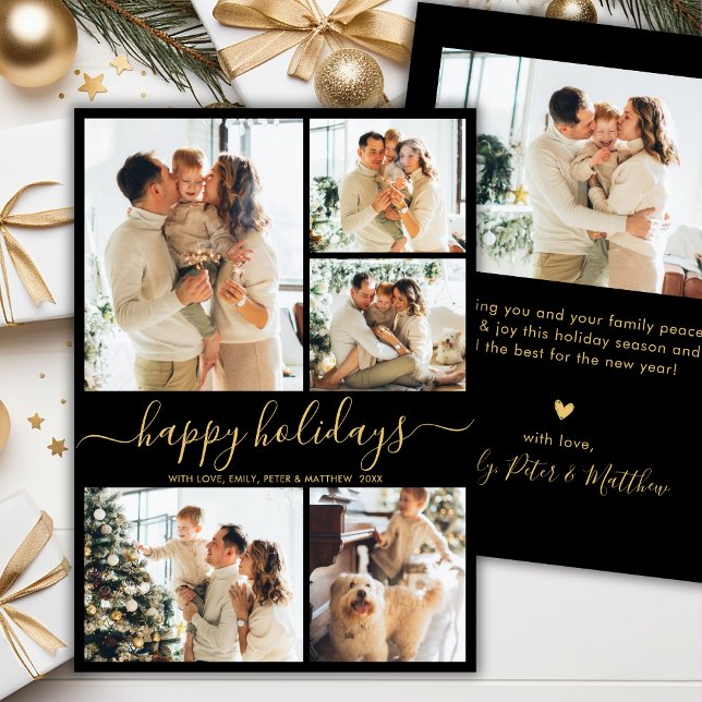 Tarjeta Festiva Modern Happy Holidays Black Gold 5 Photo Collage  (Subido por el creador)