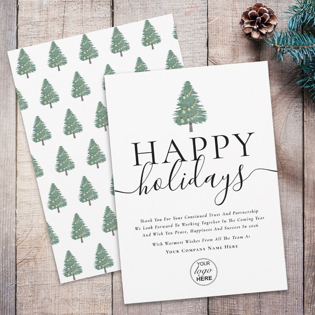 Tarjeta Festiva Modern Happy Holidays Corporate Logo Business  (Modern elegant corporate logo happy holidays Tree and Lights business card )