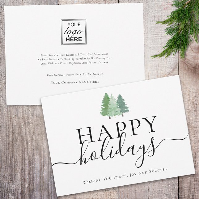 Tarjeta Festiva Modern Happy Holidays Woodland Business Logo (Modern stylish Happy holidays woodland custom business logo holiday card)