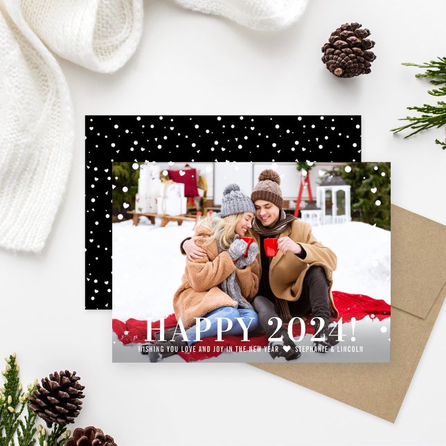 Tarjeta Festiva Modern Happy New Year 2024 Black Confetti Photo (Subido por el creador)