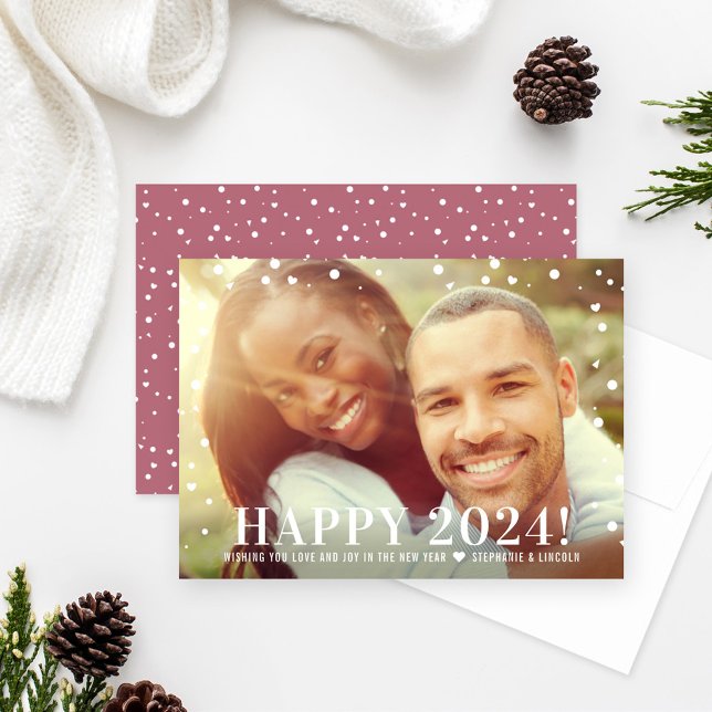 Tarjeta Festiva Modern Happy New Year 2024 Cassis Confetti Photo (Subido por el creador)