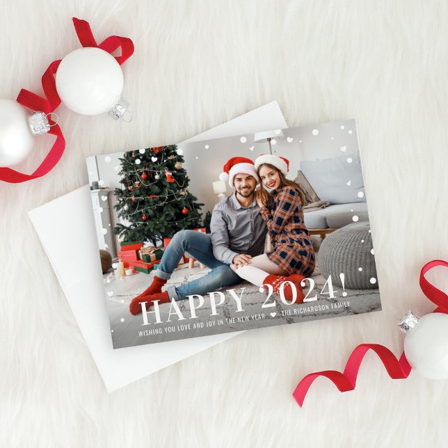 Tarjeta Festiva Modern Happy New Year 2024 Midnight Confetti Photo (Subido por el creador)