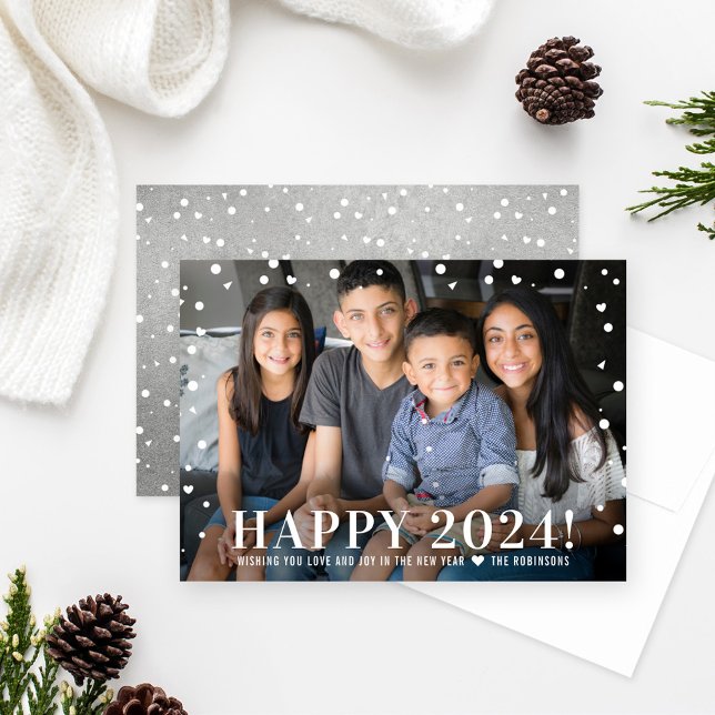 Tarjeta Festiva Modern Happy New Year 2024 Silver Confetti Photo (Subido por el creador)