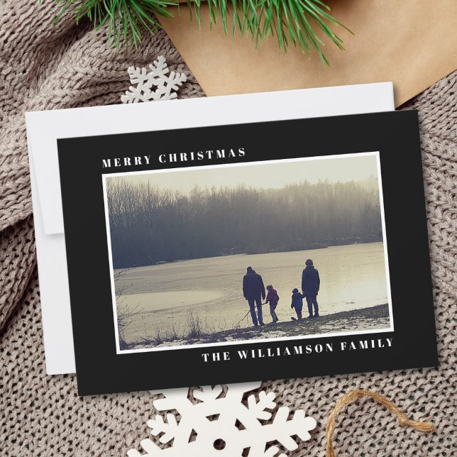 Tarjeta Festiva Modern Holiday Merry Christmas Photo Black Card (Subido por el creador)