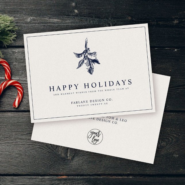 Tarjeta Festiva Modern Holly Berry | Elegante Negocio Azul Muerto (Subido por el creador)