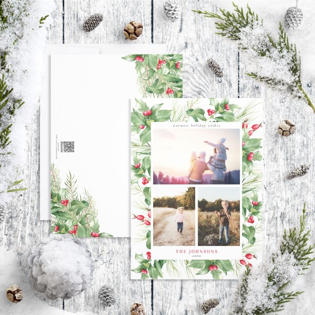Tarjeta Festiva Modern Holly Berry Greenery 3 Foto (Subido por el creador)