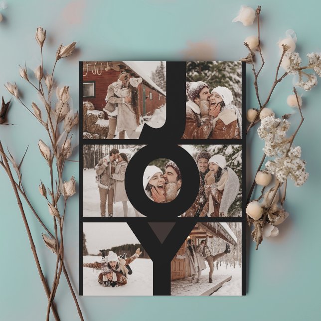 Tarjeta Festiva Modern JOY múltiples parejas de fotos (Couples multiple collage photo. large bold letters spelling JOY. modern and contempory)