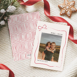 Tarjeta Festiva Modern Kids Red Bow Family Photo Christmas