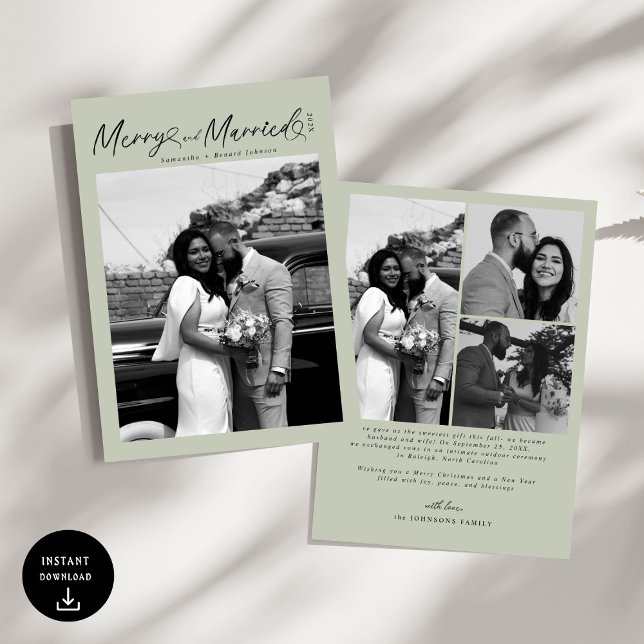 Tarjeta Festiva Modern Merry and Married Newlywed Script Christmas (Subido por el creador)