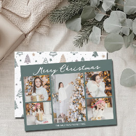 Tarjeta Festiva Modern Merry Christmas Photo Collage Grey Green