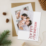 Tarjeta Festiva Modern Merry Christmas Photo Stylish Red Foil<br><div class="desc">Modern, fun twist on a traditional holiday photo card: The printed red foil design reads Merry Christmas in a trendy festive serif typography design next to your favorite family photo. On the back is space for a 4 photo collage as well as another custom message for friends and family. With...</div>