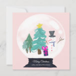 Tarjeta Festiva modern Merry Christmas snowglobe cute illustration<br><div class="desc">modern Merry Christmas snow globe cute illustration with hand painted green,  pink,  white christmas trees,  snow man,  gifts in a white snow globe on an editable pastel blush pink.</div>