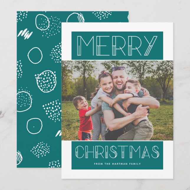 Tarjeta Festiva Modern Merry | VERDE AZULADO | Foto (Anverso / Reverso)