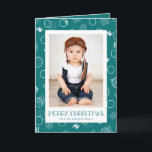 Tarjeta Festiva Modern Merry | VERDE AZULADO | Foto vertical<br><div class="desc">Esta divertida tarjeta de felicitación para Navidades de fotografía presenta tipografía moderna,  círculos y manchas dibulares dibujados a mano y un esquema de colores verde azulado y blanco. ¡El color de fondo se puede personalizar a cualquier color que desee!</div>