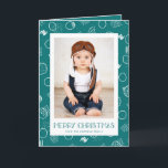 Tarjeta Festiva Modern Merry | VERDE AZULADO | Foto vertical<br><div class="desc">Esta divertida tarjeta de felicitación para Navidades de fotografía presenta tipografía moderna,  círculos y manchas dibulares dibujados a mano y un esquema de colores verde azulado y blanco. ¡El color de fondo se puede personalizar a cualquier color que desee!</div>
