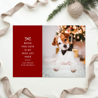 Tarjeta Festiva Modern Minimal Bow Nice List Pet Christmas Photo