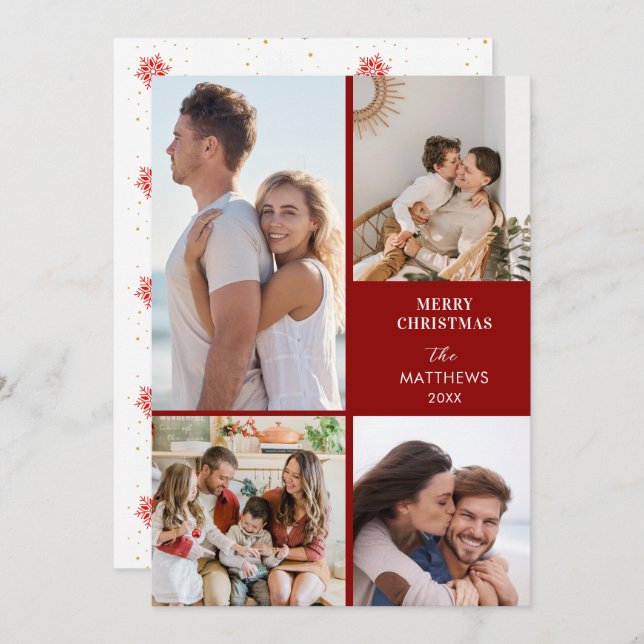 Tarjeta Festiva Modern Minimal Four Photo Collage Christmas (Anverso / Reverso)