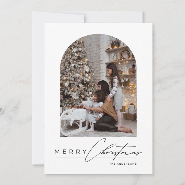 Tarjeta Festiva Modern Minimal Script Arch Family Photo Christmas (Anverso)