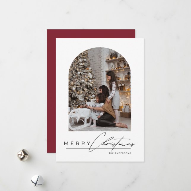 Tarjeta Festiva Modern Minimal Script Arch Photo Red Christmas (Anverso/Reverso In Situ)