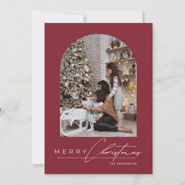 Tarjeta Festiva Modern Minimal Script Arch Photo Red Christmas (Anverso)