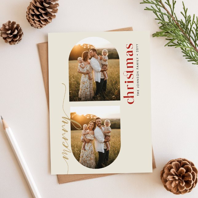 Tarjeta Festiva Modern Minimalist Family Christmas Arched 3 Photo (Subido por el creador)