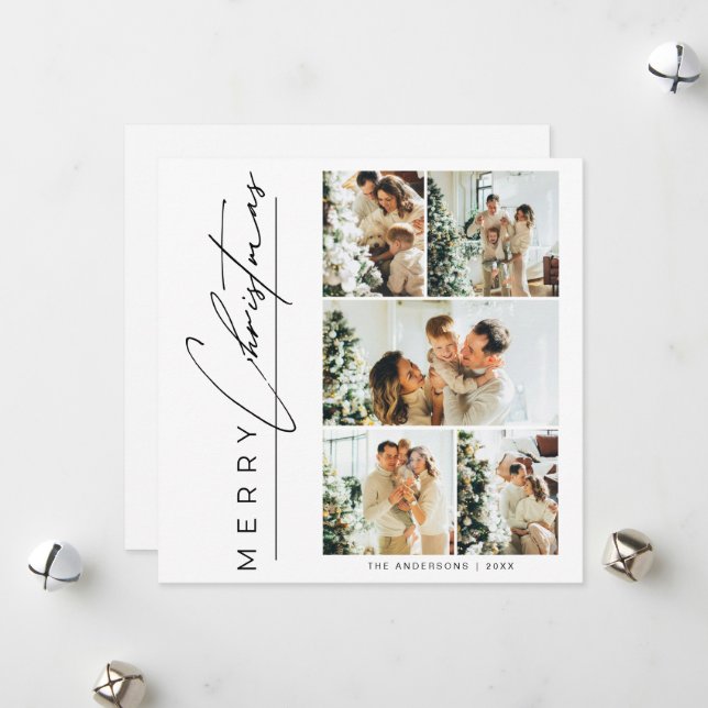 Tarjeta Festiva Modern Multi Photo Merry Christmas Script (Anverso/Reverso In Situ)